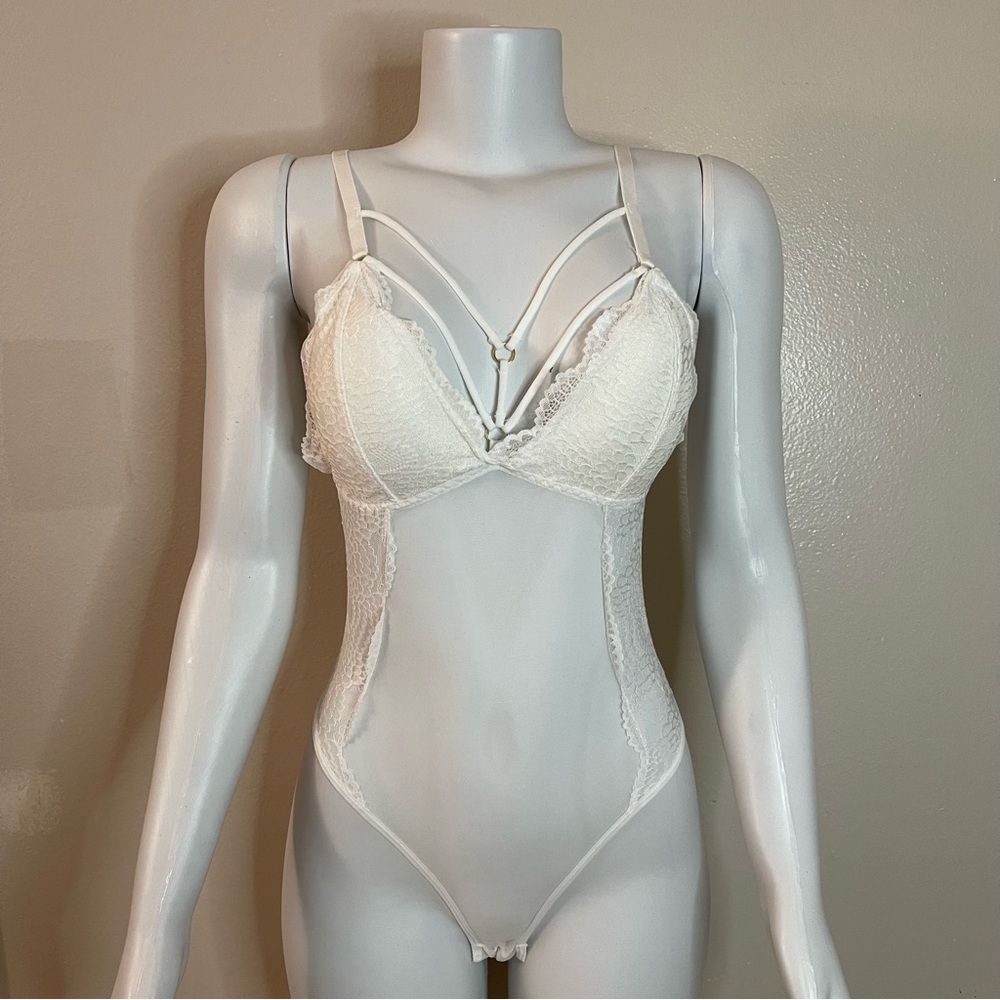 White mesh strappy removable pads lace teddy bodysuit